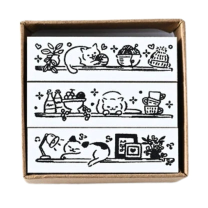 Sanby - Rubber Stamps - 3-Piece - Mini Border Stamp Set - Cats On Shelves