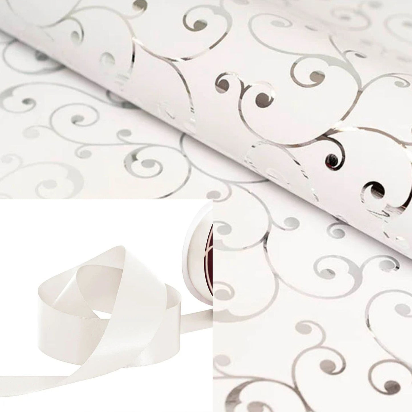Gift Wrapping - Elegant Silver Swirls with Ribbon (10 Ribbon Options)