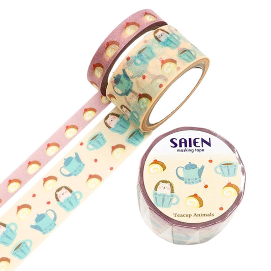 SAIEN - Washi Tape - 2-Roll Set - Teacup Animals - Hedgehog