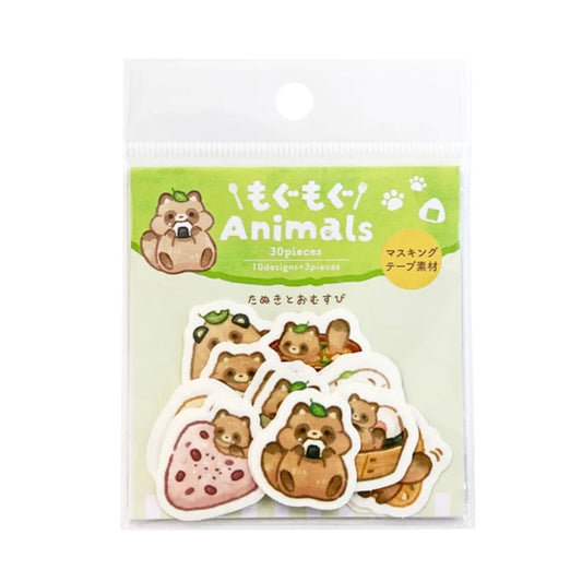 SAIEN - Flake Stickers - Mogumogu Animals - Tanuki & Onigiri