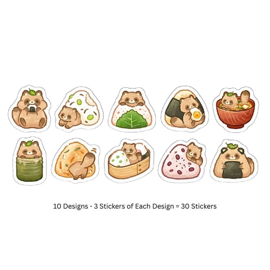 SAIEN - Flake Stickers - Mogumogu Animals - Tanuki & Onigiri